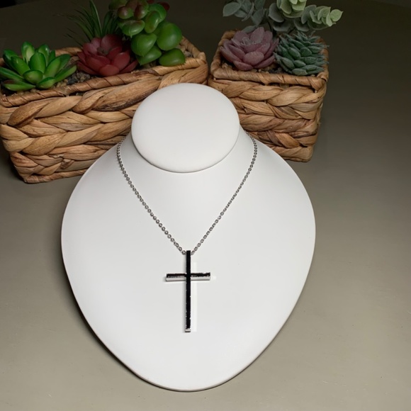 Black and Silver Tone Simple Cross Necklace, on  20”-22” chain. - Picture 6 of 12